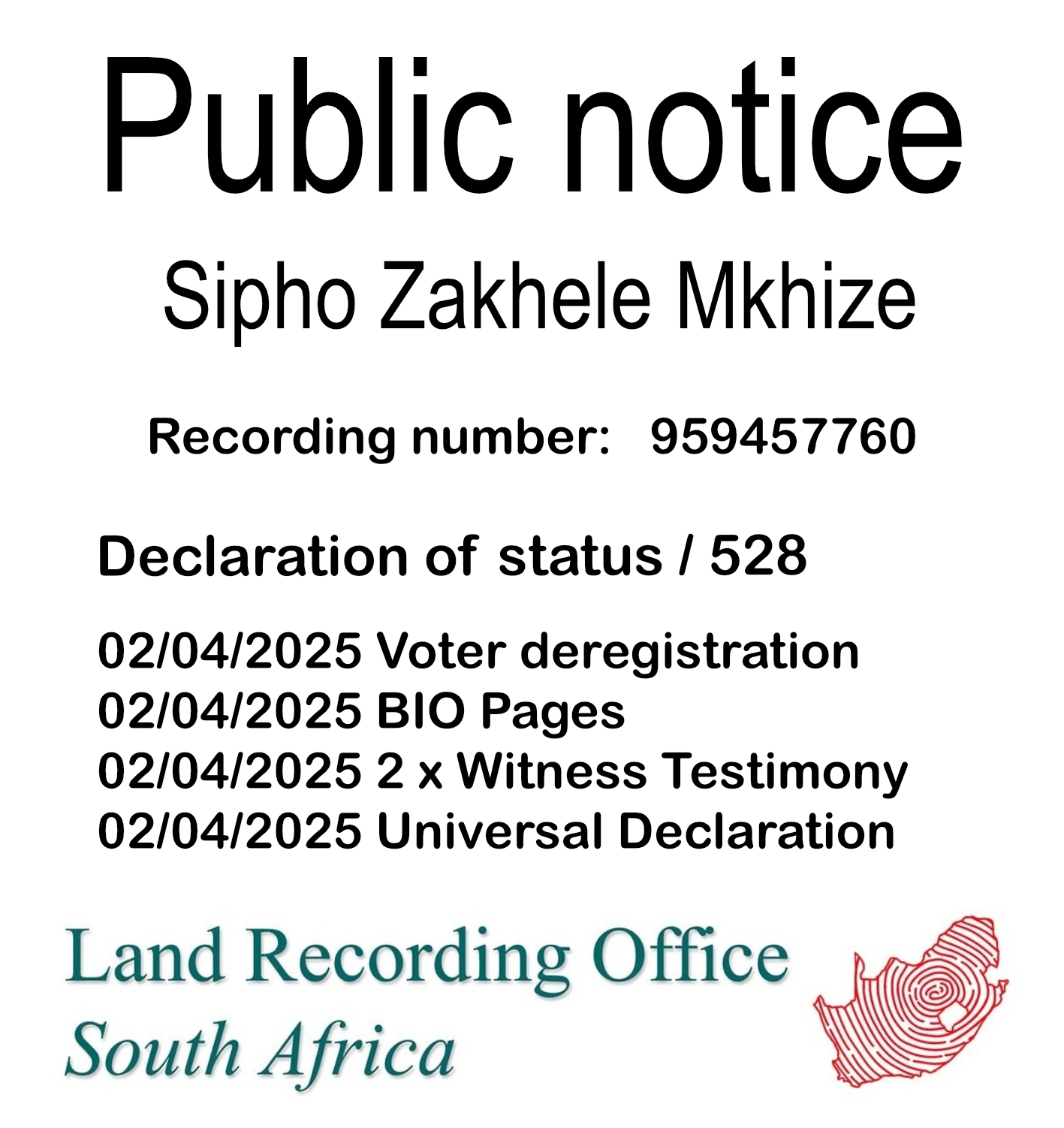 Public Notice Sipho Zakhele Mkhize (c) Recording number 959457760